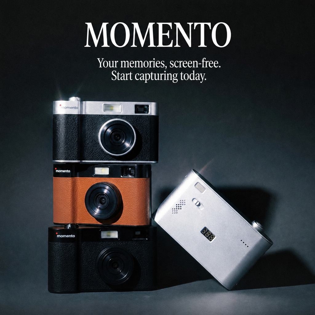 MOMENTO screen-free camera campaign featuring silver, black, and orange cameras